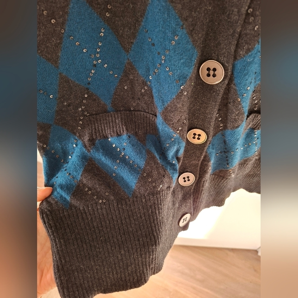 Dex Women's Gray & Teal Argyle Cotton/Viscose Longline Cardigan (Size 1X) - Picture 6 of 9